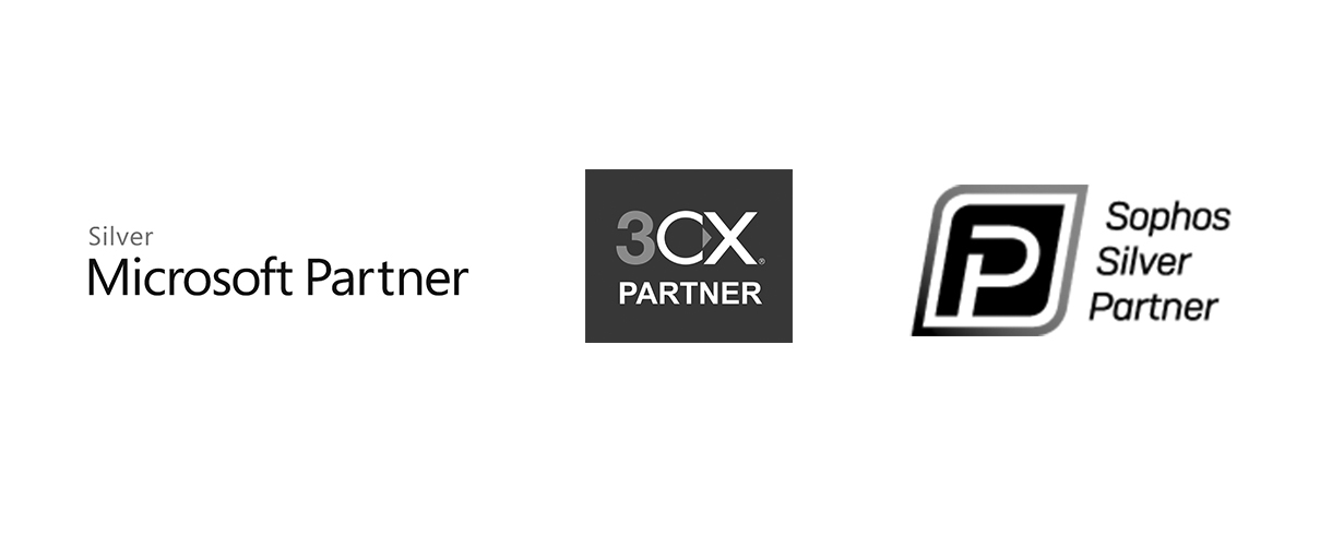 Ein schwarzweißer Slider in dem Partnerlogos der Firmen Microsoft, 3XC und Sophos zu sehen sind.