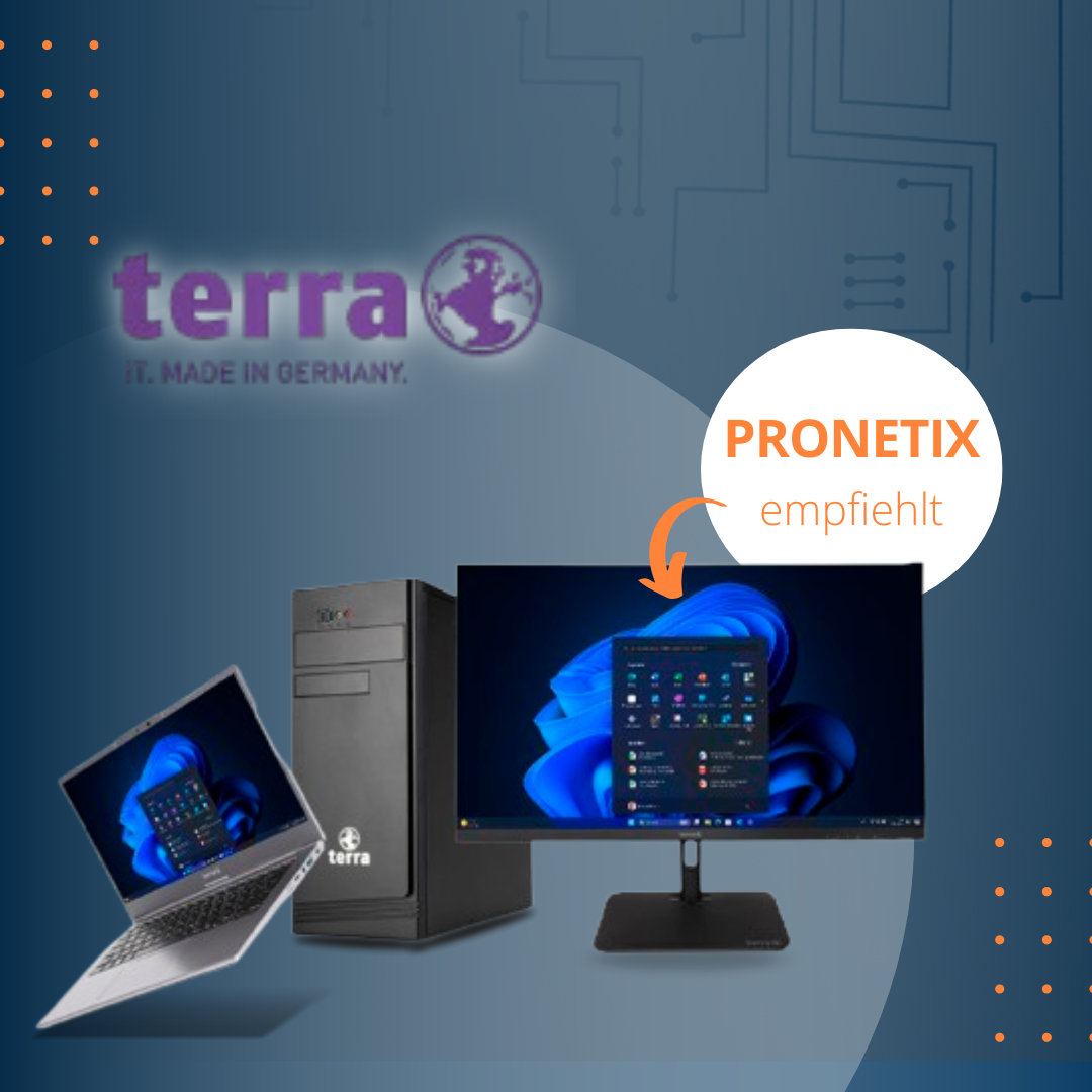 Teaserbild mit TERRA PCs und Laptop auf blauem Hintergrund, dekoriert mit digitalen Datenstrukturen. Ein Pop-up-Kreis zeigt den Hinweis ‚pronetix empfiehlt‘. Im Vordergrund das lila TERRA Logo – visualisiert die Empfehlung von pronetix für deutsche IT-Sys