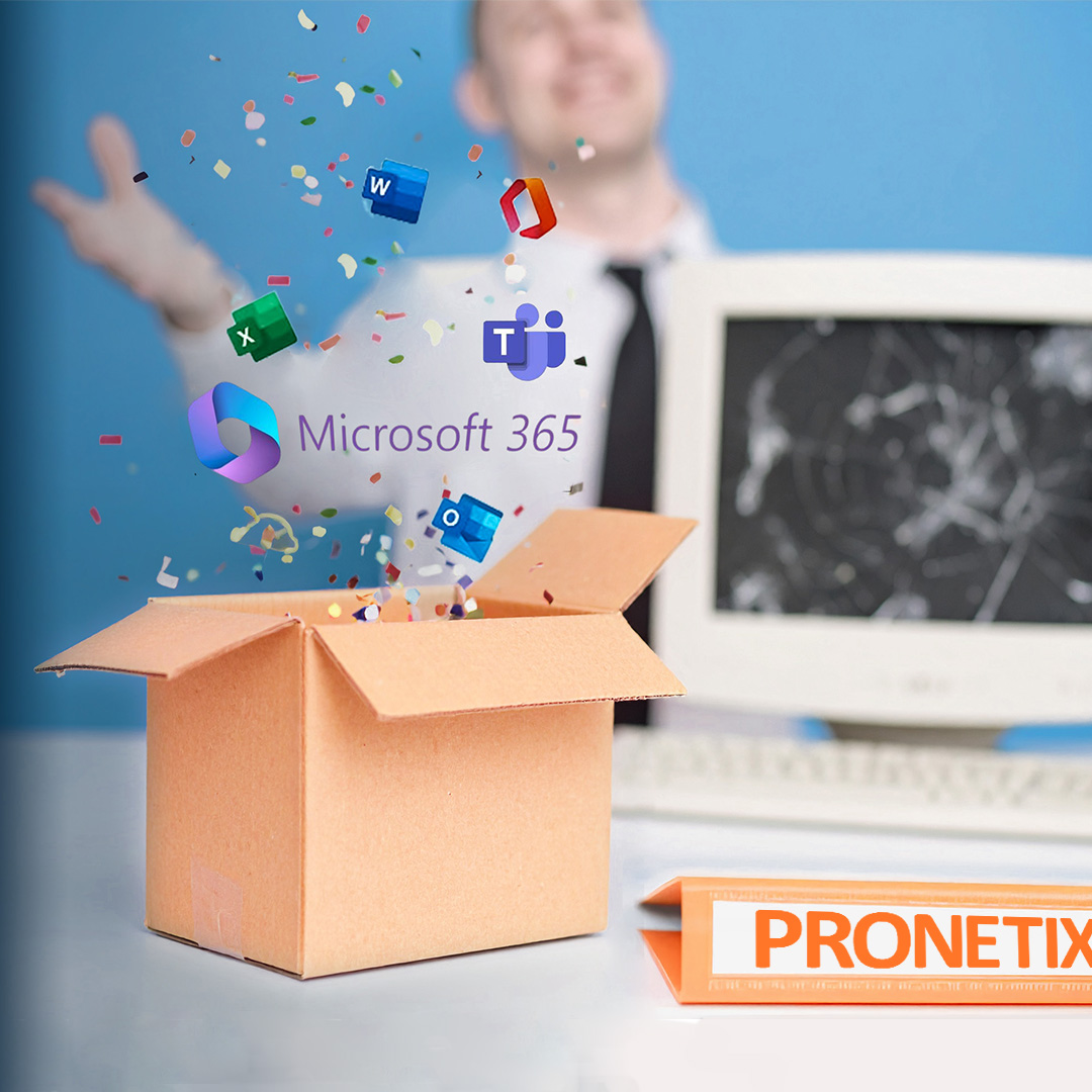 Symbolbild Support Ende Microsoft Exchange - Karton mit Software Icons für Microsoft 365, Teams, Excel und Outlook und Pronetix-Ordner nebenbei. Dahinter professionell gekleideter Mann, der die Arme ausbreitet und ein PC mit kaputtem Monitor.