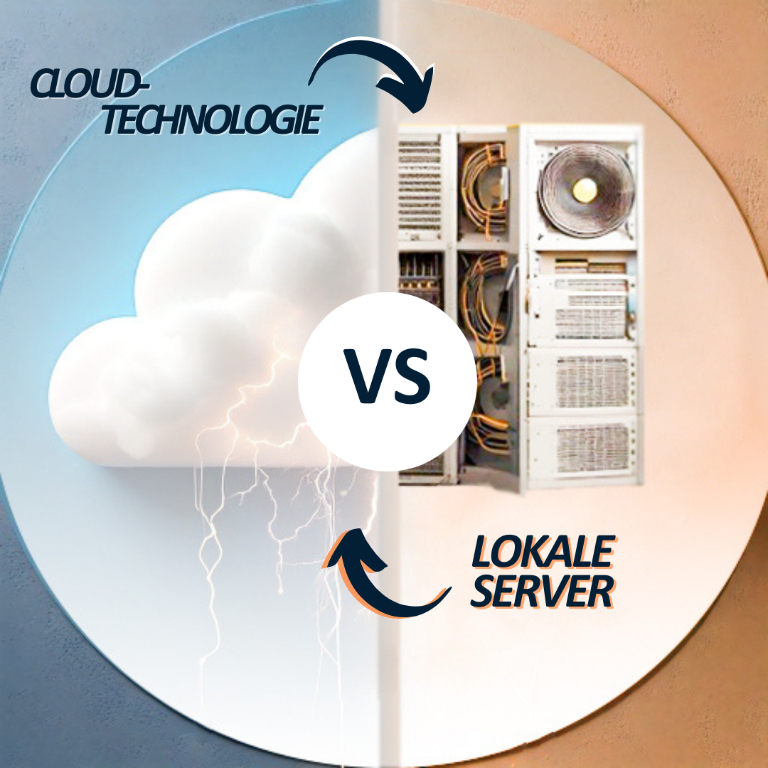 Visualisierung des Vergleichs zwischen Cloud-Technologie und lokalen Servern. Eine Wolke steht für Cloud-Lösungen, ein Server für traditionelle On-Premise-Infrastrukturen.