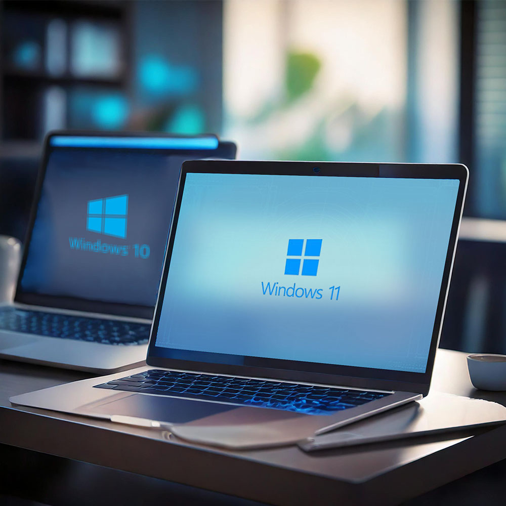 Zwei Laptops mit Bildschirmschonern: Im Vordergrund Windows 11, im Hintergrund unscharf Windows 10 – symbolisiert den Wechsel auf das neue Betriebssystem.