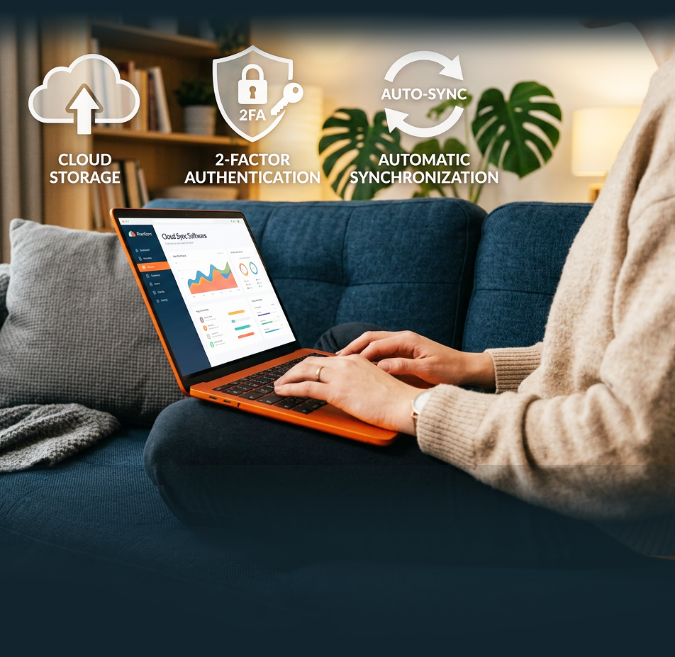 Frau mit Laptop auf dem Sofa im Homeoffice, steht für Zugriff auf Firmendaten von zuhause; darüber Icons für Cloud-Speicher, Zwei-Faktor-Authentifizierung und Synchronisation als Voraussetzungen für sicheren Zugriff