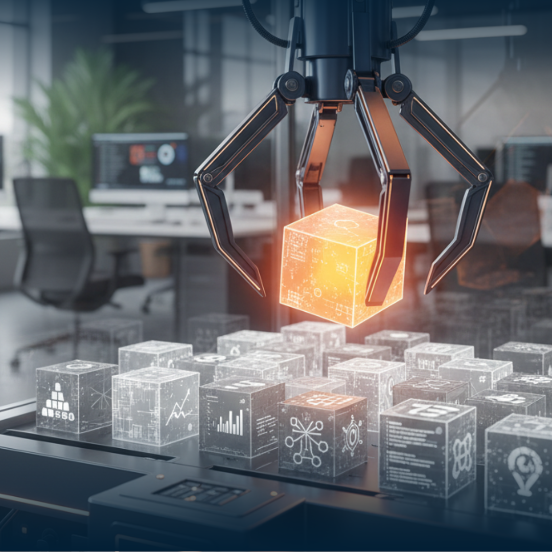 Ein Greifarm, der einen leuchtenden, holografischen Datenwürfel aus einer Gruppe digitaler, semi-transparenter Würfel aufnimmt. Symbolisiert die Abspaltung von Unternehmensbereichen und IT-Strukturen. Büro im Hintergrund weichgezeichnet