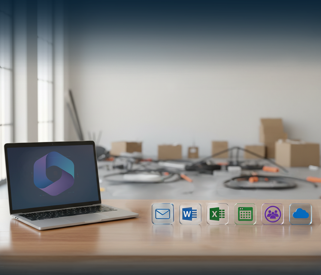 Aufgeräumter Arbeitsplatz mit Laptop und Microsoft-Anwendungs-Icons von Microsoft im Vordergrund, chaotischer Hintergrund mit Kabeln und Kartons als Symbol für unstrukturierte IT im Mittelstand