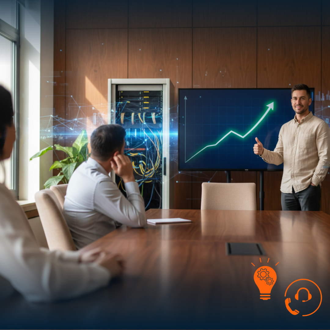Business-Meeting, Drei Personen sitzen am Tisch, Präsentierender zeigt steigende Grafik und hält den Daumen hoch, dieses Bild symbolisiert steigende Wettbewerbsfähigkeit durch gute IT