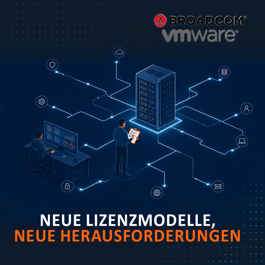 Illustration eines Servers mit Netzwerkverbindungen zu verschiedenen IT-Symbolen und zwei Personen an einem digitalen Arbeitsplatz im Zusammenhang mit VMware und Broadcom.