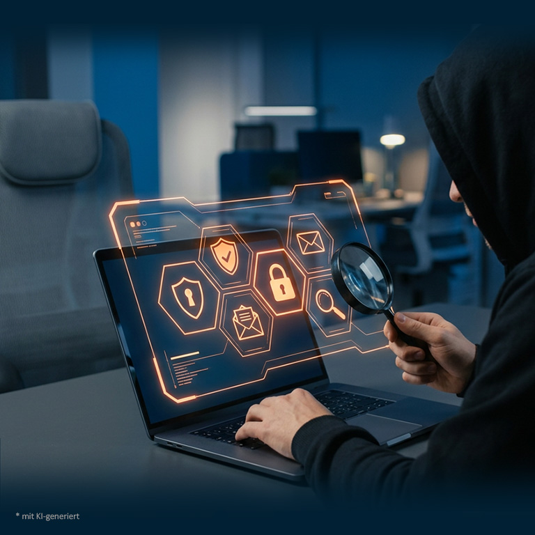 Person im dunklen Kapuzenpullover analysiert am Laptop mit einer Lupe digitale Phishing-Daten und E-Mail-Muster – Symbolbild für Social Engineering und KI-Phishing