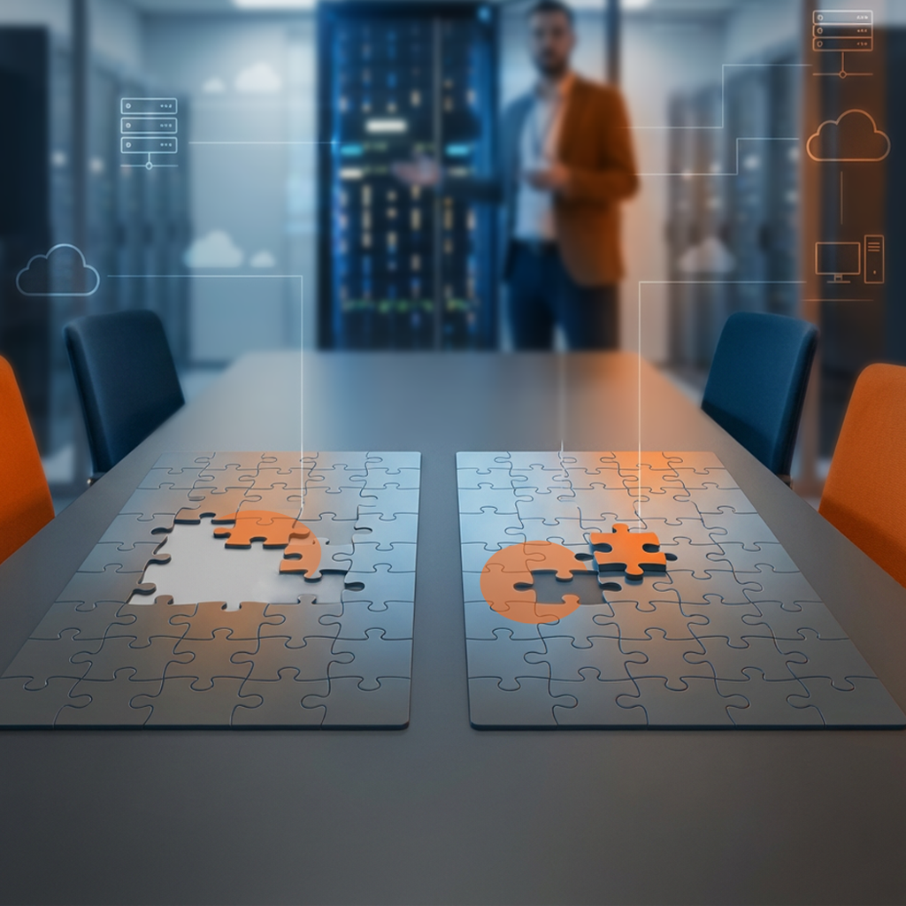 In einem Meetingraum liegen 2 Puzzel: links unvollständig mit deutlich sichtbarer Lücke, rechts fast fertig, das zentrale Stück passt perfekt in beide Lücken. Im Hintergrund präsentiert eine Person vor einem Serverschrank, Symbol für erfolgreiche IT-Migra
