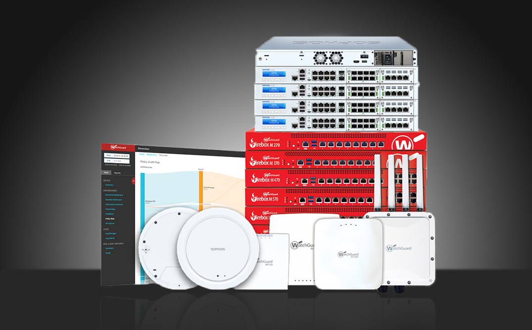 Collage verschiedener Watchguard Prokudkte wie zB Firewalls und dem Interface der Anwendung